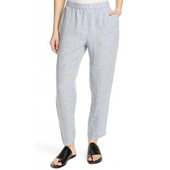 Eileen Fisher 100% Organic Linen Women's Size L Blue Pull On Ankle Pants - Picture 1 of 7